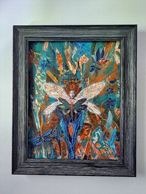 14x18 intricate mixed media collage on canvas is set within a dark, textured woo